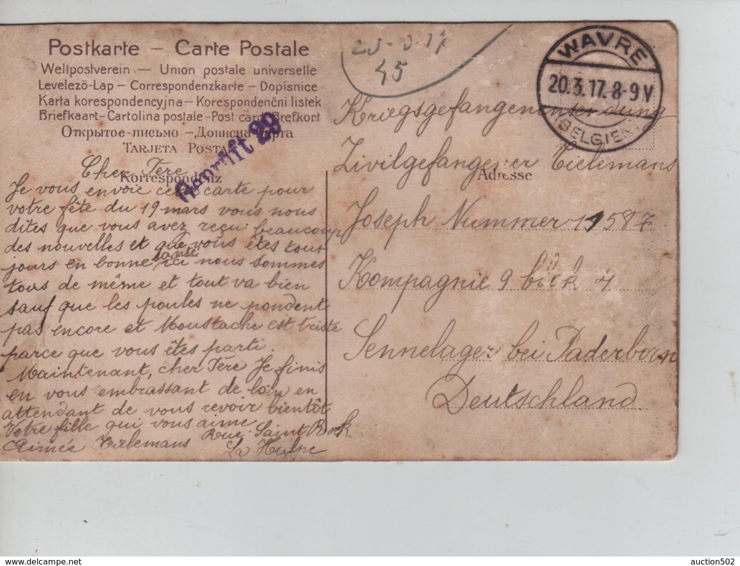 PR7414/ CP Fantaisie écrite De La Hulpe C.Wavre 1917 > Camp De Paderborn Censure  Geprüft - Prisonniers