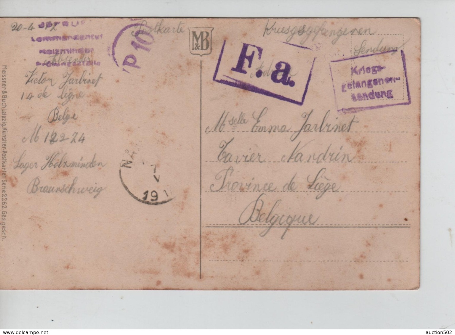 PR7416/ CP Fantaisie PDG-POW Camp De Holzminden Braunschweig 1917 Diverses Censures > Nandrin C.d'arrivée - Prisoners