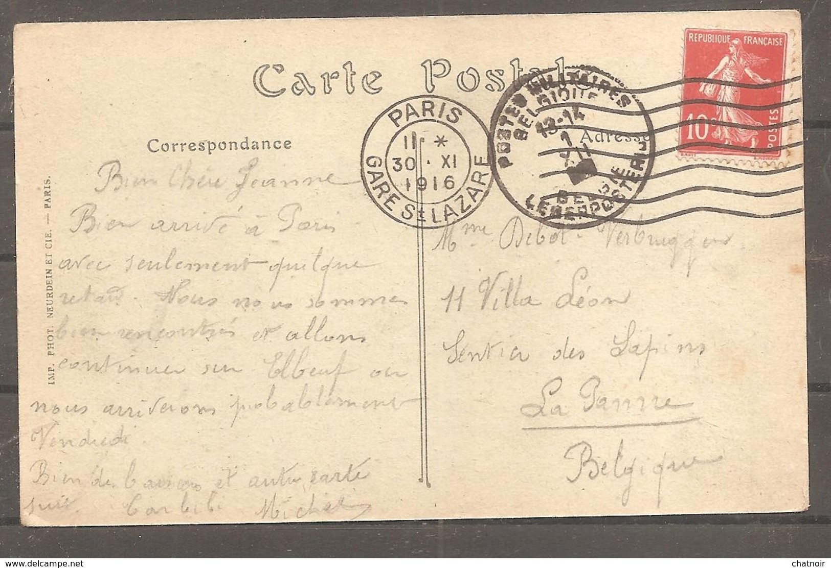 Carte Postale  PARIS  Arc De Triomphe  10 C  Semeuse Oblit  PARIS  1916 Pour  La BELGIQUE  + Poste Militaire Belgique - Otros & Sin Clasificación