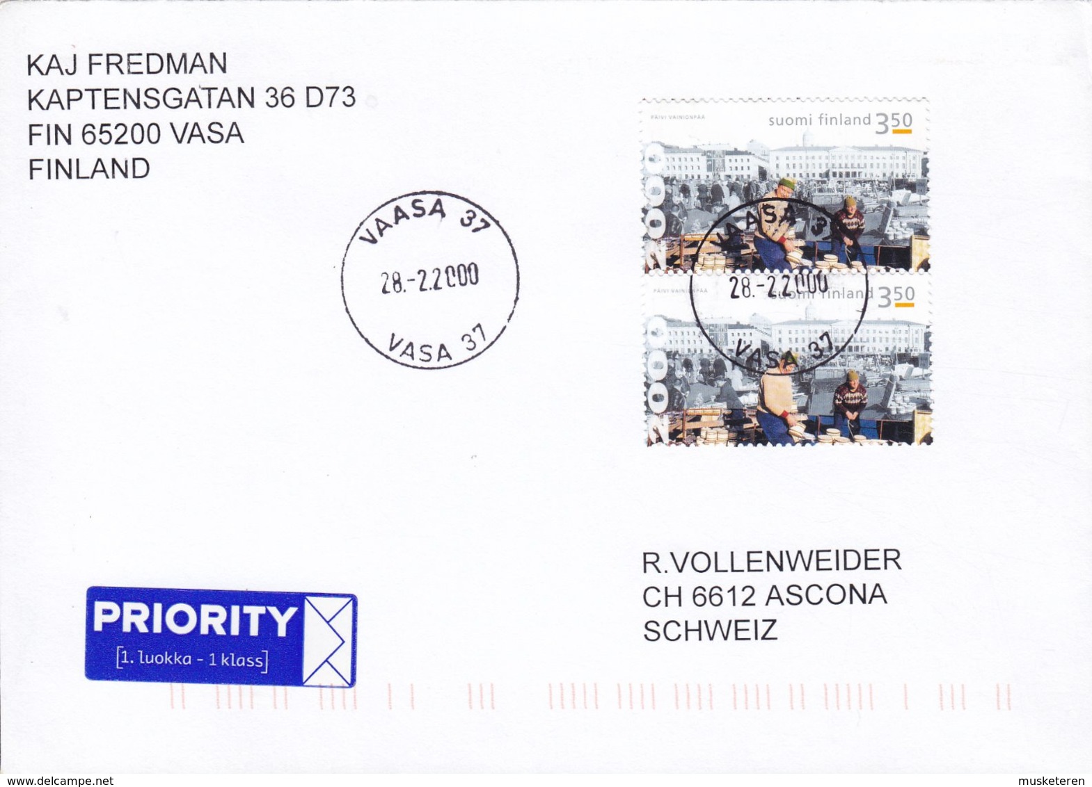 Finland PRIORITY Label VAASA 2000 Cover Brief ASCONA Schweiz 2x Kulturhauptstadt Strömlingsmarkt - Storia Postale