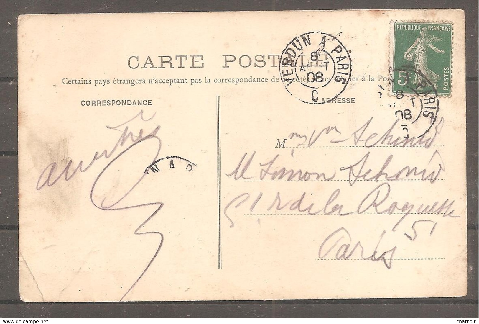 Sur Carte Postale  VALMY    5 C Semeuse   Oblit  Ferroviaire  VERDUN A PARIS   C    1908 - Storia Postale