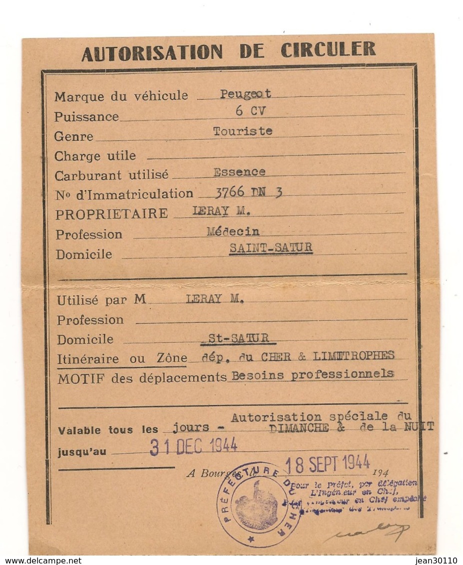 FRANCE 1944 CERTIFICAT AUTORISATION DE CIRCULER - Guerre De 1939-45