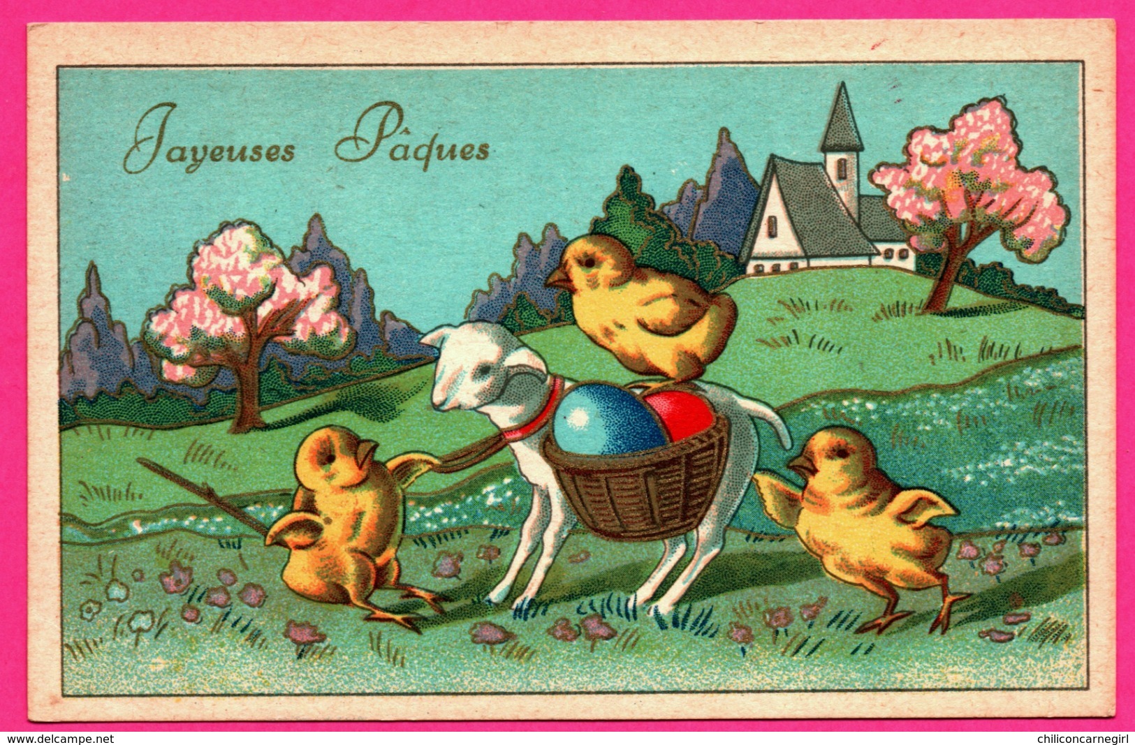 Anthropomorphisme - Poussin Tirant Un Agneau Chargé D'œufs De Pâques - Joyeuses Pâques - Poussin - Dorure - Edit. P.J. - Ostern