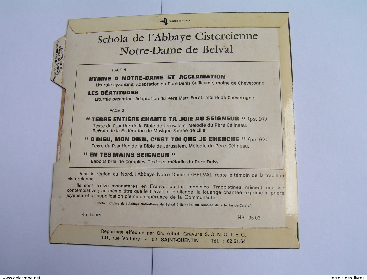 45 Tours SCHOLA DE L'ABBAYE CISTERCIENNE NOTRE DAME DE BELVAL - SAINT POL SUR TERNOISE TROISVAUX - Gospel & Religiöser Gesang