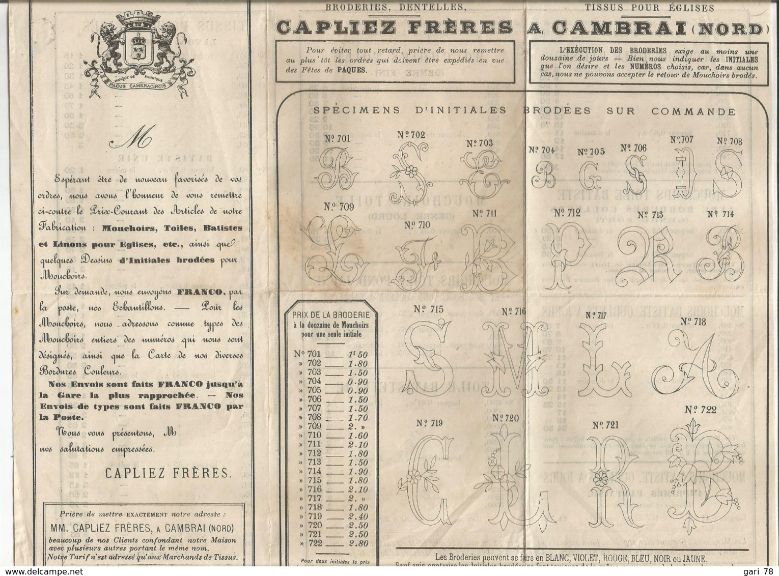 Dépliant De Prix Du 25 Mars 1892 CAPLIEZ Frères à Cambrai (59) Fabrique De Mouchoirs , Batistes Et Toiles - 1800 – 1899