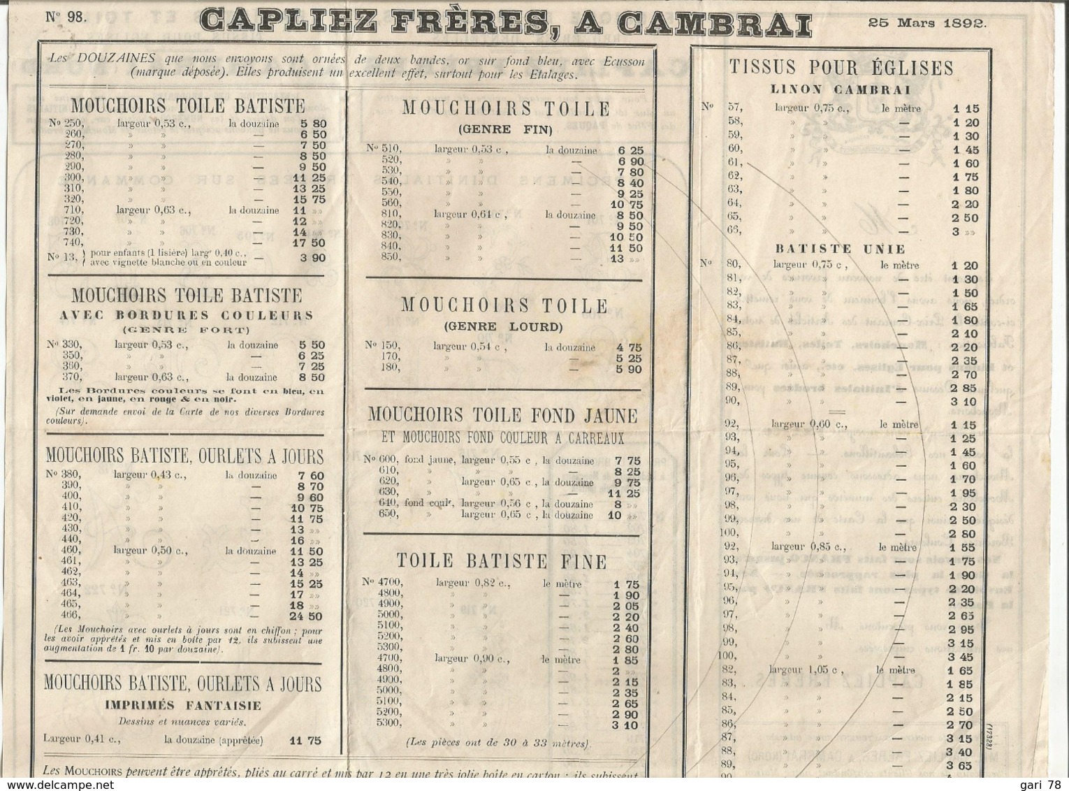 Dépliant De Prix Du 25 Mars 1892 CAPLIEZ Frères à Cambrai (59) Fabrique De Mouchoirs , Batistes Et Toiles - 1800 – 1899