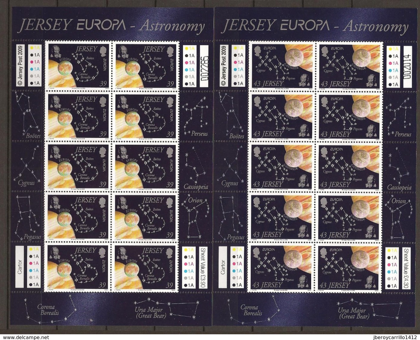 JERSEY - EUROPA 2009 - TEMA "ASTRONOMIA "- TWO SHEET Of 10  With Logo  EUROPA - 2009