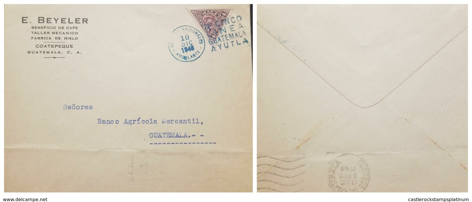 O) 1949 GUATEMALA, NATIONAL EMBLEM SC O9 4c, AMBULANTE N° CINCO LINEA GUATEMALA AYUTLA, TRAVELLING POST OFFICES, E. BEYE - Guatemala