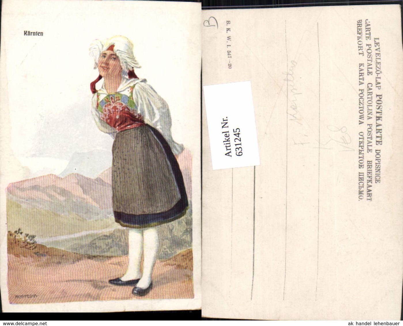 631245,K&uuml;nstler Ak F. Karpellus K&auml;rnten Frau Tracht Pub B.K.W.I. 547/20 - Trachten