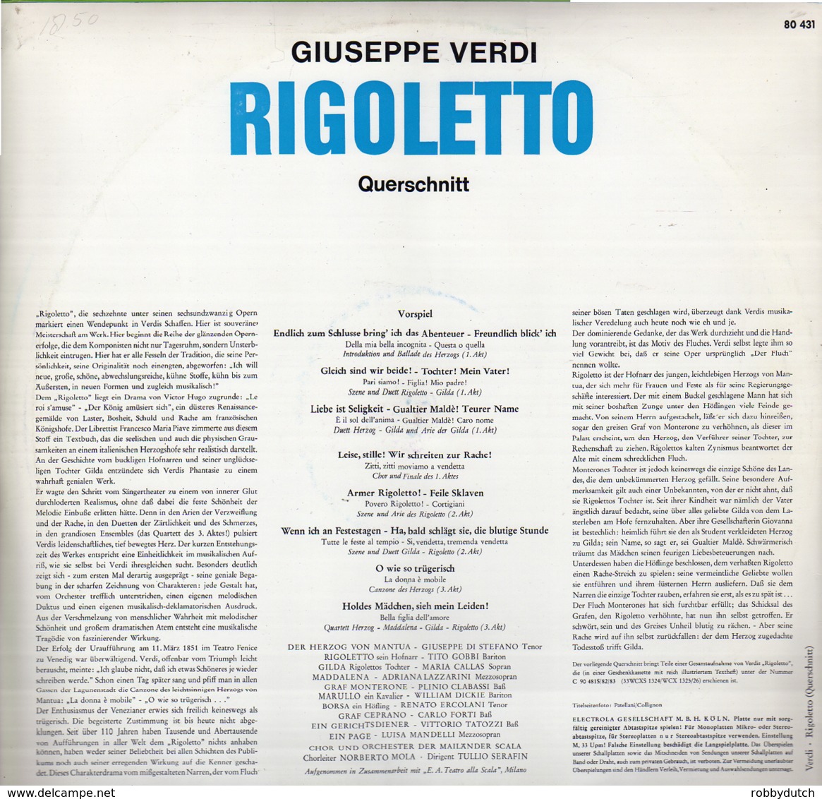 * LP *   VERDI: RIGOLETTO - CALLAS, DI STEFANO, GOBBI / MAILÄNDER SCALA / TULLIO SERAFIN - Opéra & Opérette
