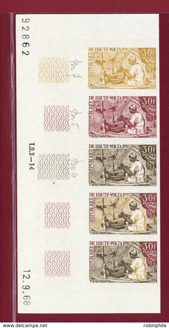 Burkina Faso 1968 #191, Color Proof Stripe Of 5 (1), Weaver - Burkina Faso (1984-...)