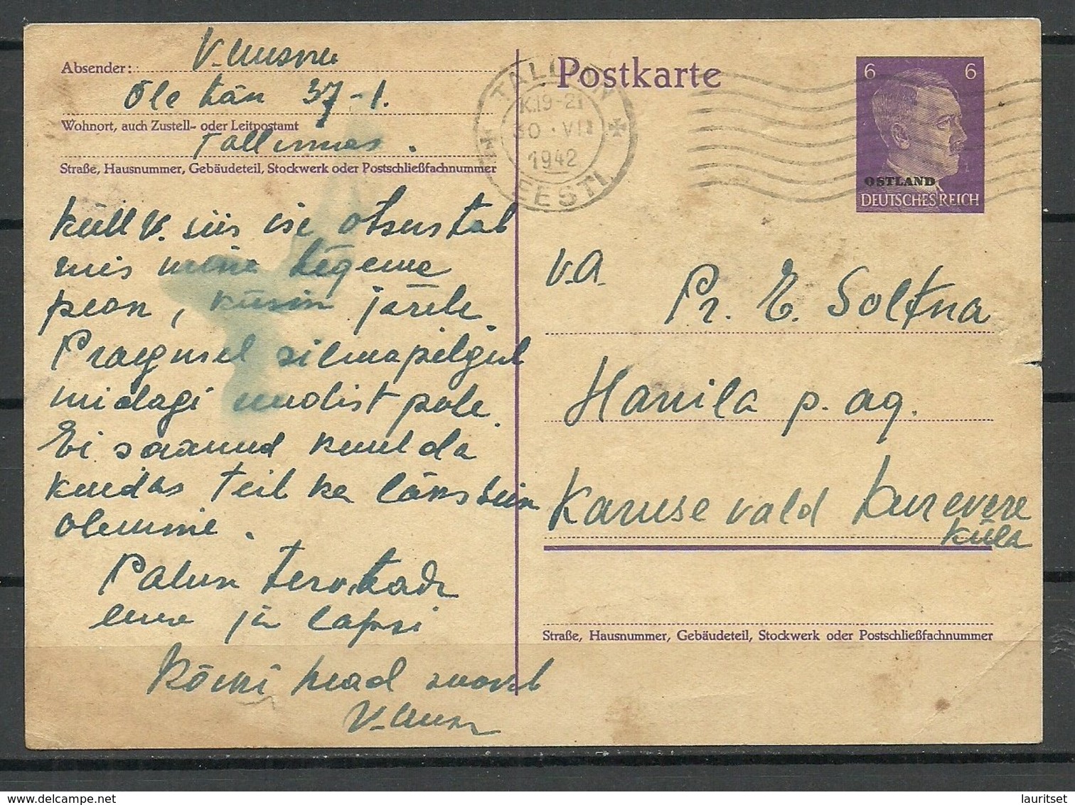 Estland Estonia Ostland 1942 German Occupation Postkarte Ganzsache Stationery O Tallinn Nach Hanila - Estland