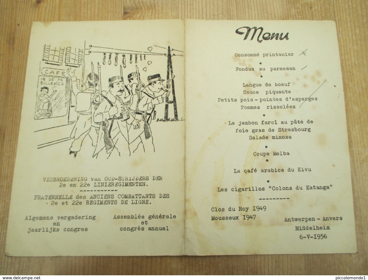 Menu Verbroedering Oud Strijders Antwerpen Middelheim - Menus