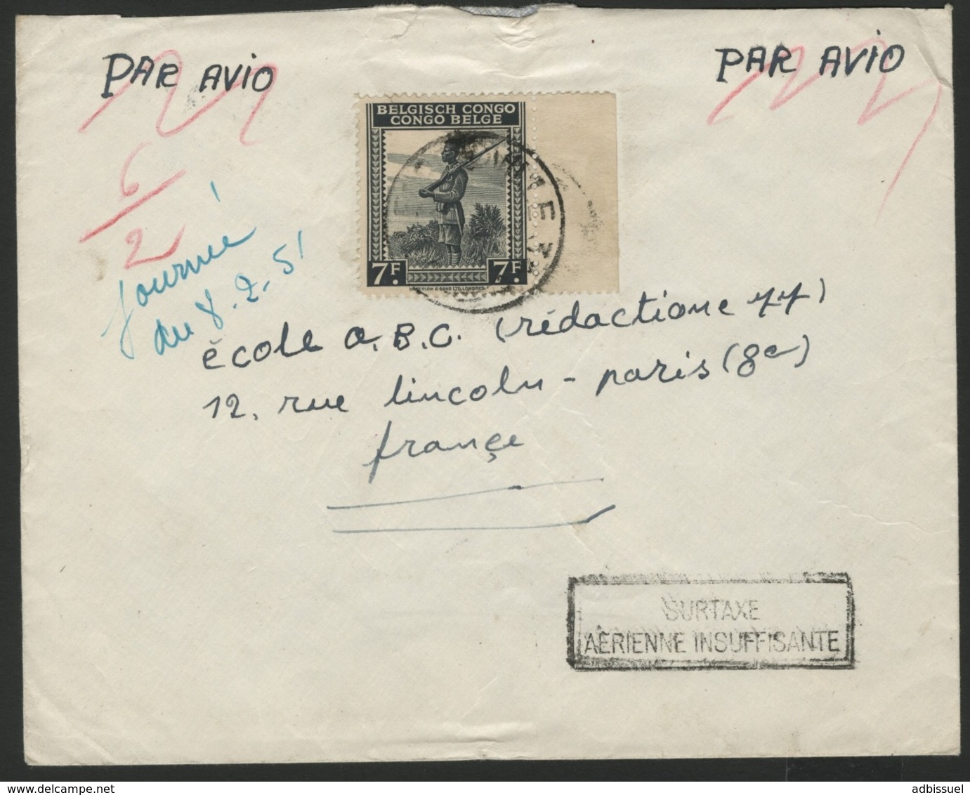 CONGO BELGE "LEOPOLDVILLE" SURTAXE AERIENNE INSUFFISANTE. Obl. C-à-d Sur N°244A. Sur Env. Pour La France. - Covers & Documents