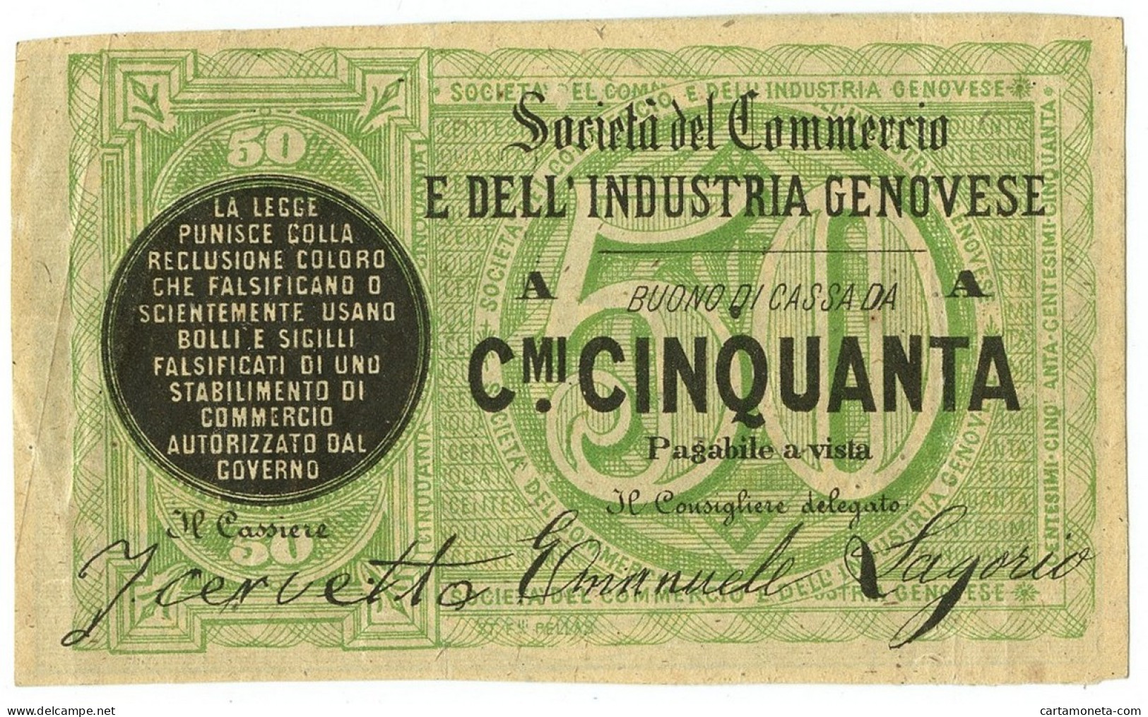 50 CENTESIMI NON EMESSO FIDUCIARIO SOCIETÀ COMMERCIO E INDUSTRIA GENOVESE SPL- - Altri & Non Classificati