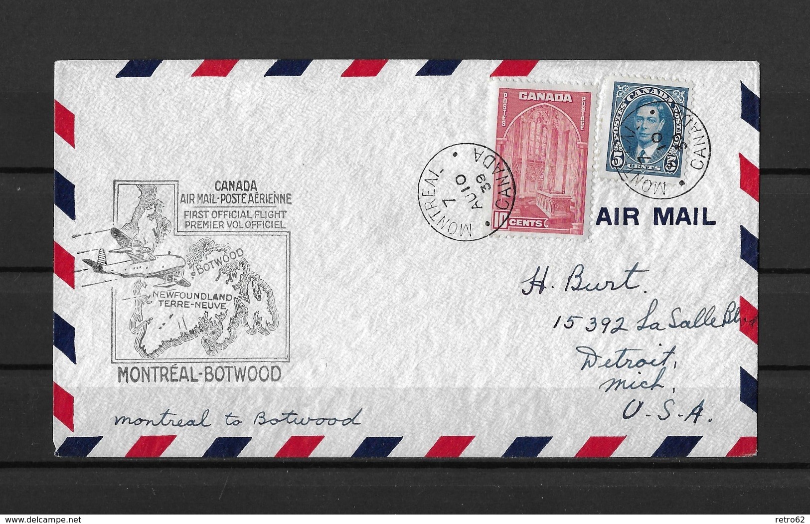 1939 CANADA → First Airmail Flight Cover Montreal-Botwood, Newfoundland - First Flight Covers