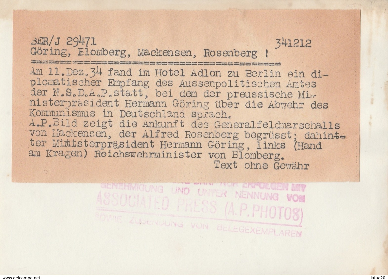 1934 Göring Blomberg Mackensen Rosenberg Im Hotel Adlon - Krieg, Militär