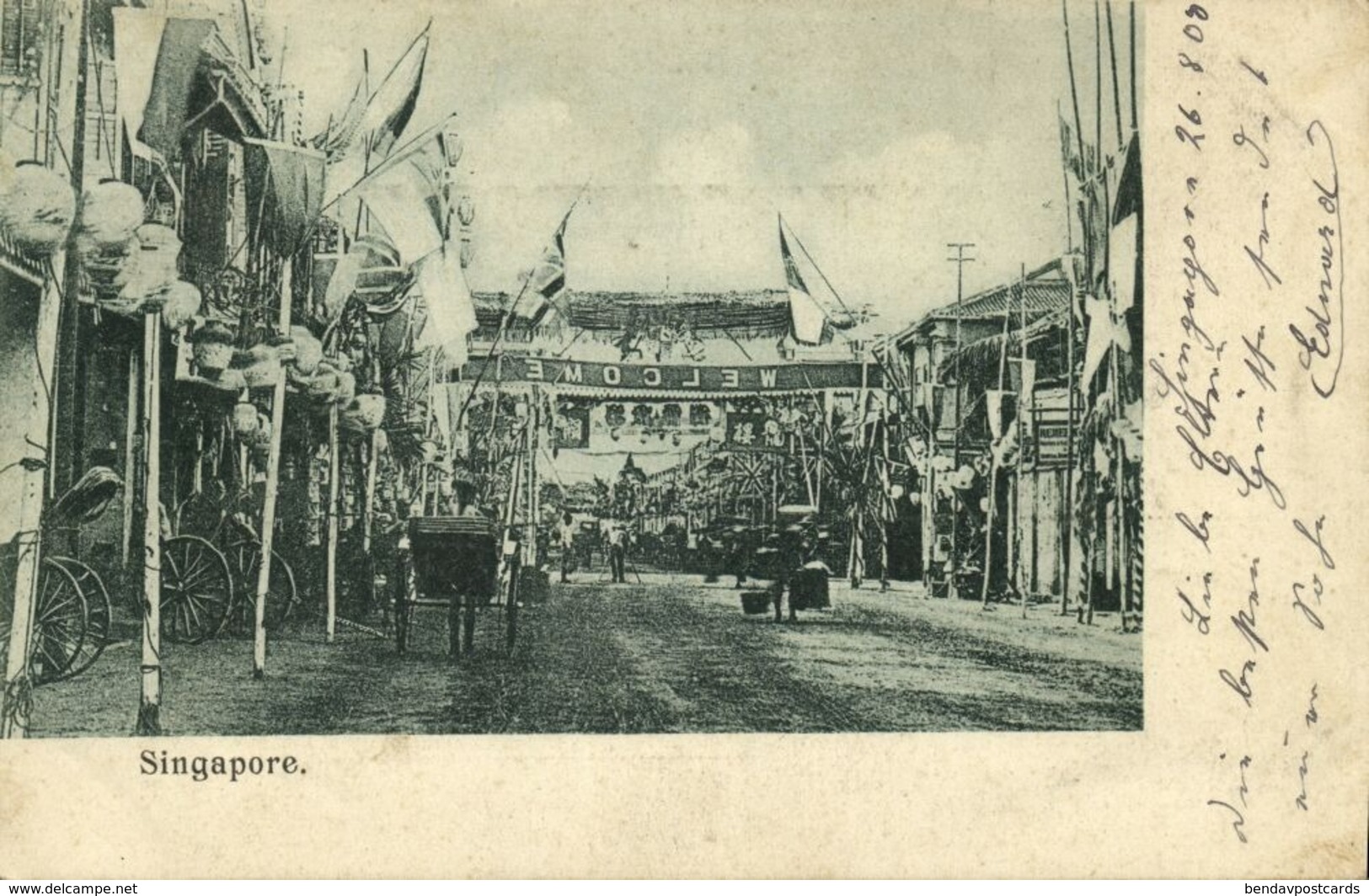 Straits Settlements, SINGAPORE, Street Scene Welcome Banner (1903) Postcard (1) - Singapore