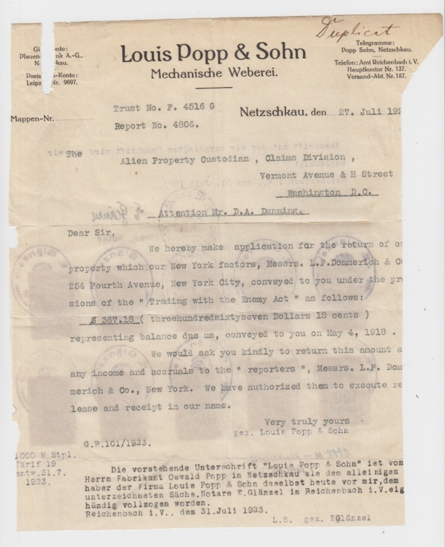 Dt.Reich 1923 Dokument Mit Stempelmarken  " Beglaubigung Der Urschrift " Durch Notar In Reichenbach I.V. - Briefe U. Dokumente