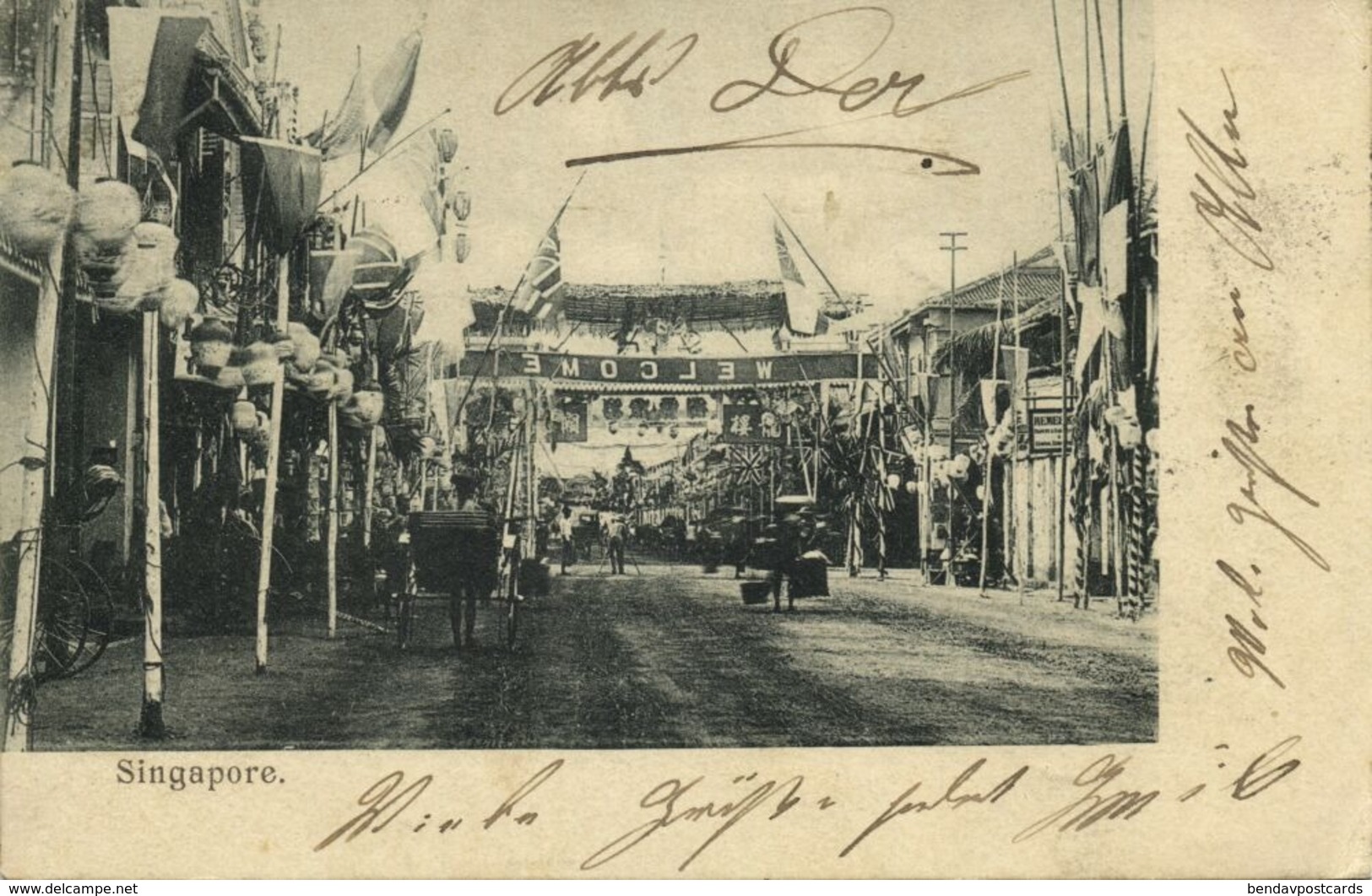 Straits Settlements, SINGAPORE, Street Scene Welcome Banner (1903) Postcard (2) - Singapore