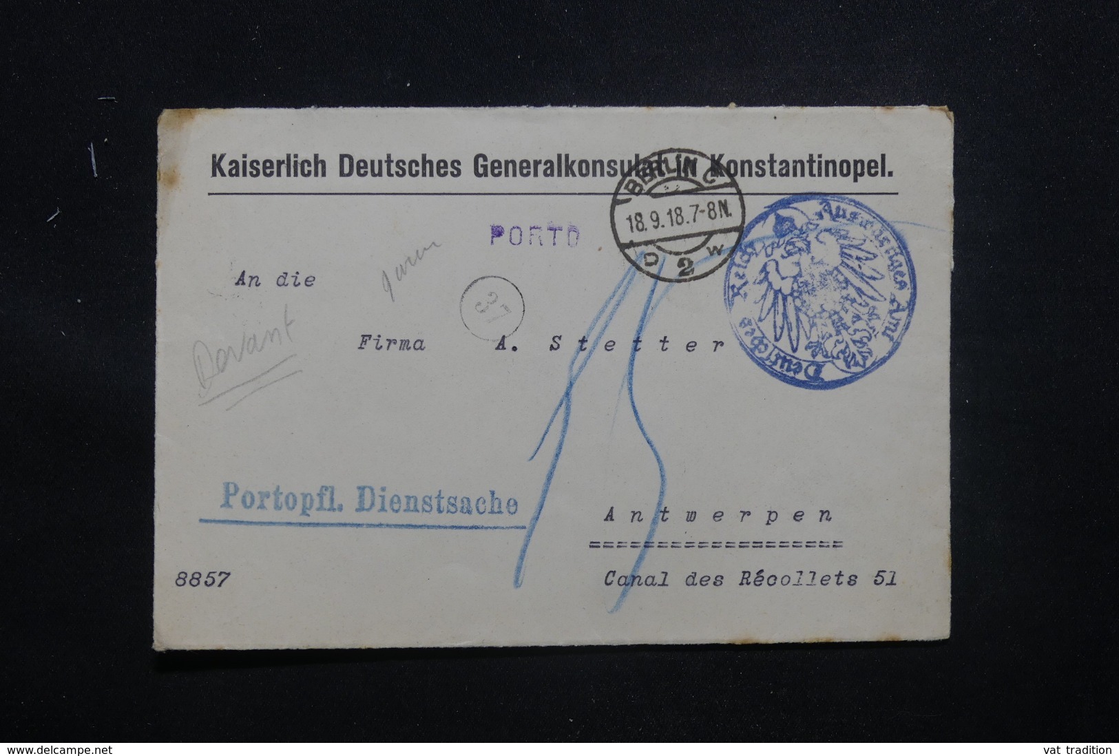 ALLEMAGNE - Enveloppe ( Devant ) Du Consulat De Constantinople à Berlin Pour Anvers En 1918 - L 43450 - Lettres & Documents