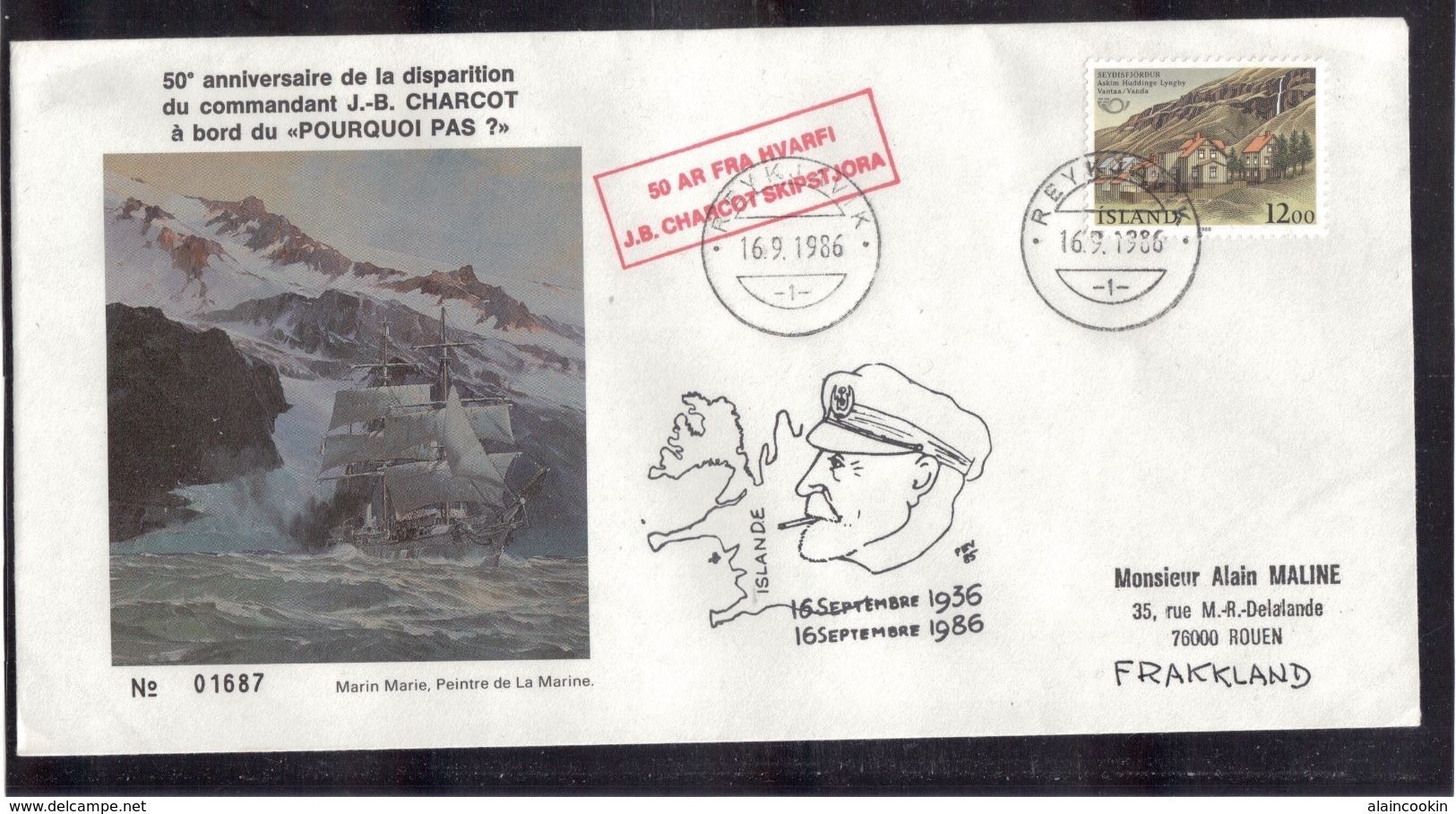 ISLANDE - REKJAVIK Du 16.9.1986,enveloppe Illustrée MARIN MARIE Et P.E. VICTOR 50ème Anniv De La Disparition De CHARCOT. - Covers & Documents