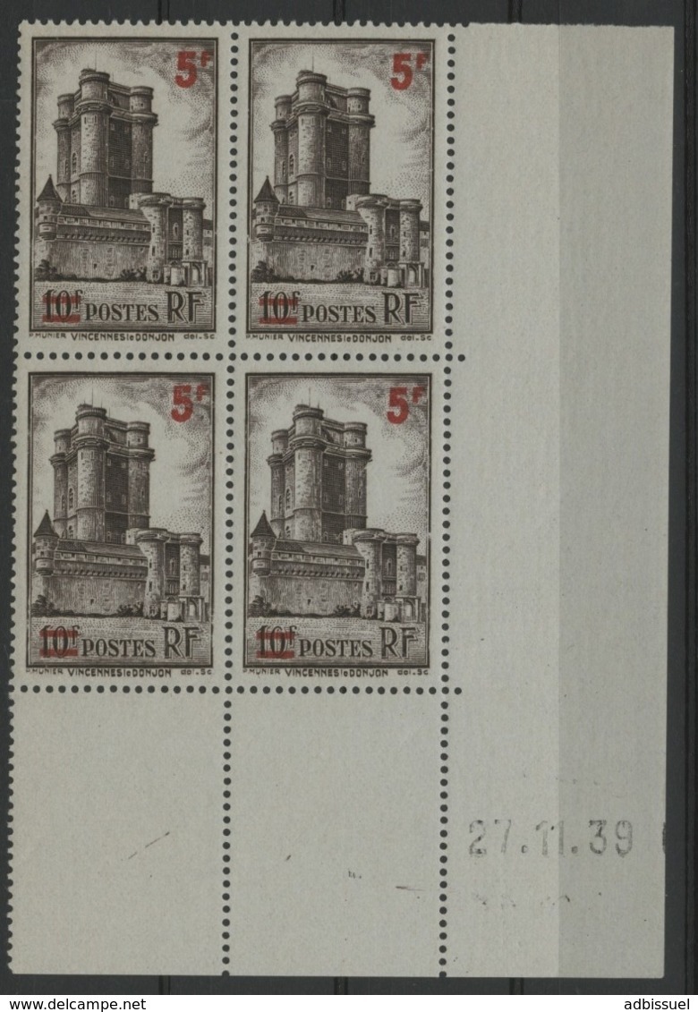 N° 491 ** (MNH). Cote 11.5 €. Coin Daté Du 27/11/39 / Bloc De Quatre "Château De Vincennes". - 1930-1939