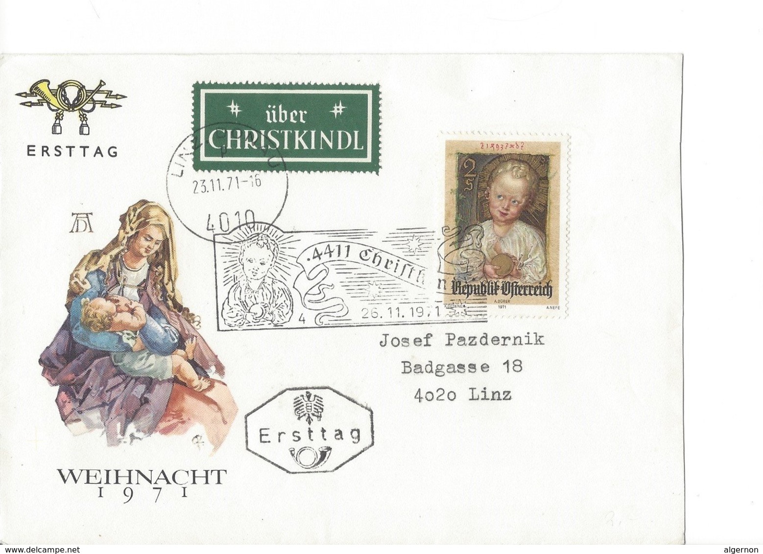 22524- Christkindl 1971 Cover Pour Linz 26.11.1971 Weihnacht 1971 - Noël