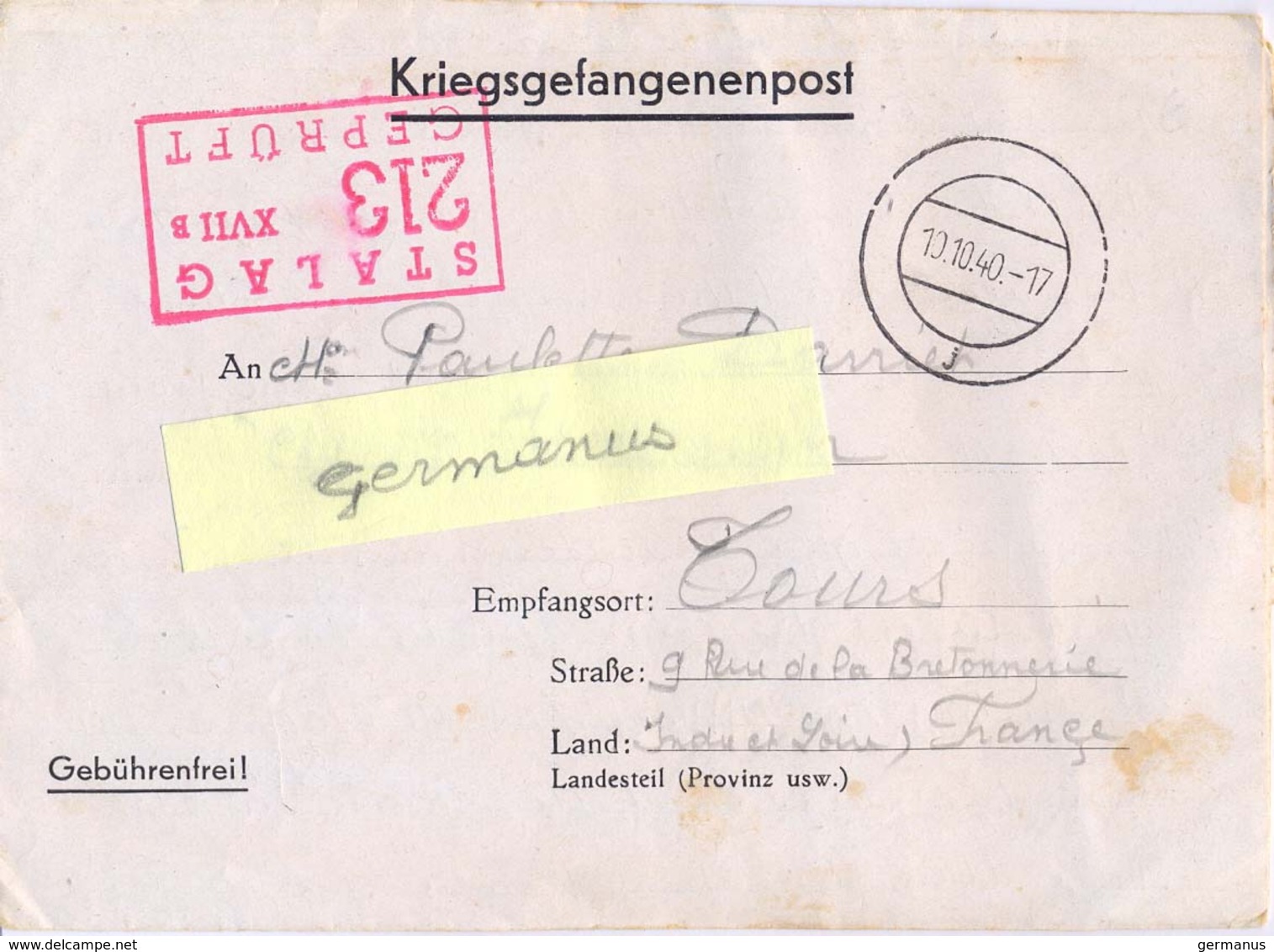 GUERRE 39-45 CORRESPONDANCE PRISONNIER DE GUERRE Français Au STALAG XVII B /213 Krems-Gneixendorf Du 10.10.40 - Guerre De 1939-45