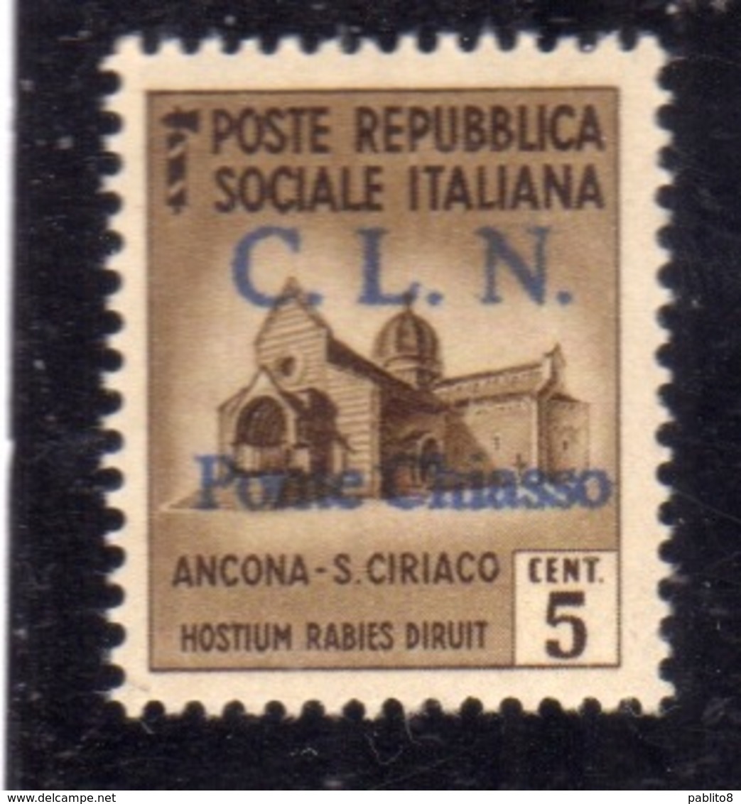 CLN PONTE CHIASSO COMITATO DI LIBERAZIONE NAZIONALE REPUBBLICA SOCIALE 1945 VARIETÀ SOPRASTAMPA NERA CENT. 5 MNH - Centraal Comité Van Het Nationaal Verzet (CLN)