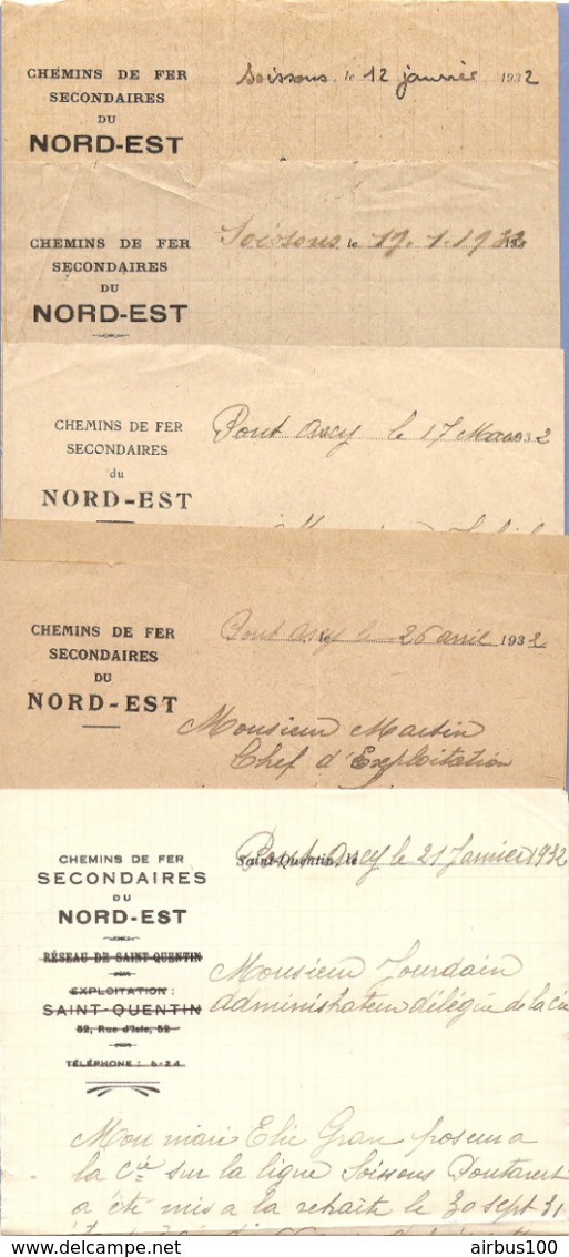 LOT De 5 COURRIERS SNCF CHEMINS De FER SECONDAIRES Du NORD EST - 1932 SOISSONS PONT ARCY - Railway