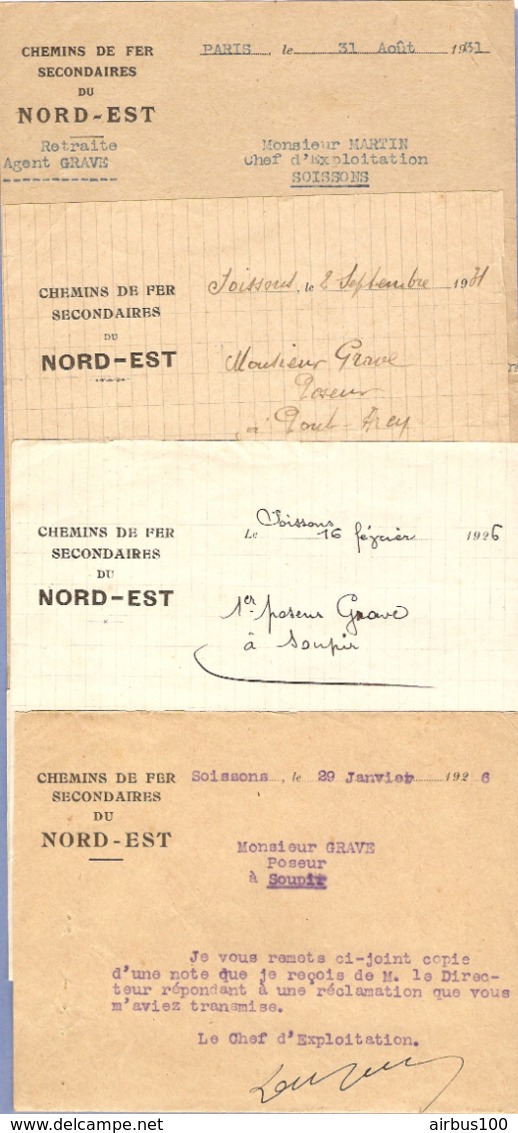 LOT De 4 COURRIERS SNCF CHEMINS De FER SECONDAIRES Du NORD EST - 1926 1931 PARIS SOISSONS PONT ARCY SOUPIR - Railway