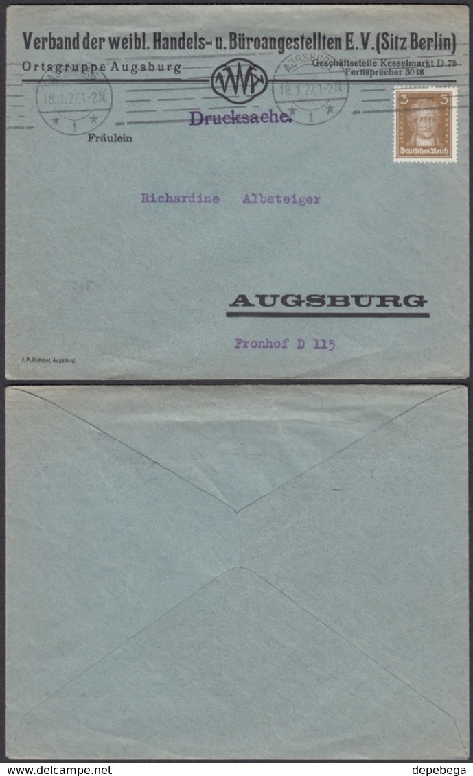 Germany - Verband Der Weiblichen Handels- Und Büroangestellten, Mi.385 EF Firmenbrief. Augsburg 18.1.1927. - Covers & Documents
