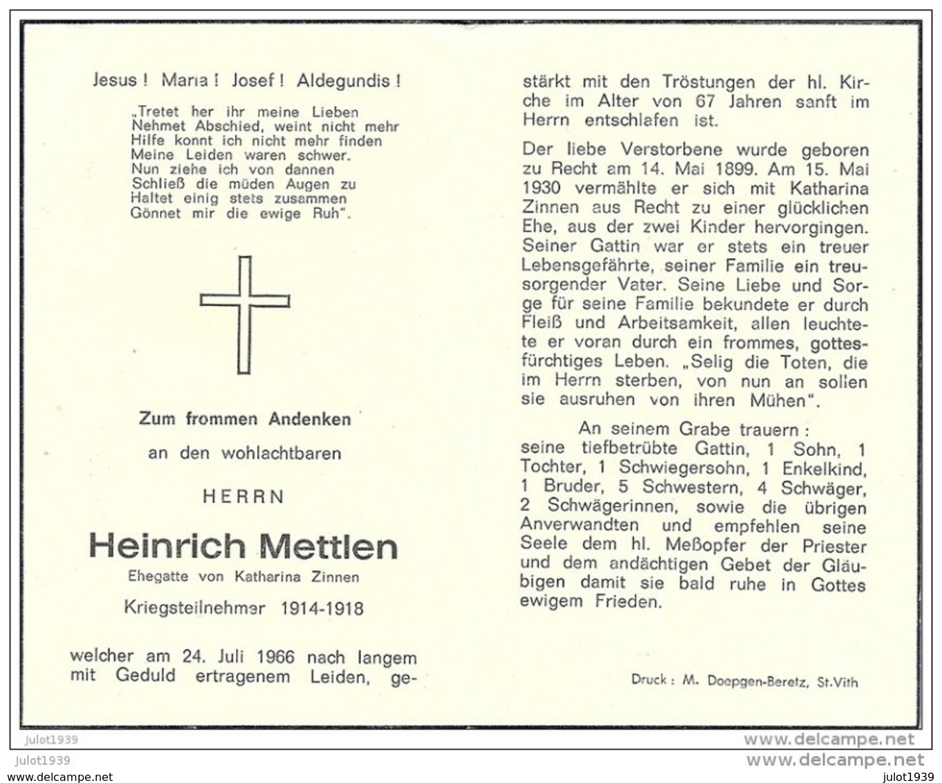 RECHT ..-- Herrn Heinrich METTLEN , Ehegatte Von Katharina ZINNEN . 1899 . 1966 . Kriegsteilnehmer 14 - 18 . - Saint-Vith - Sankt Vith