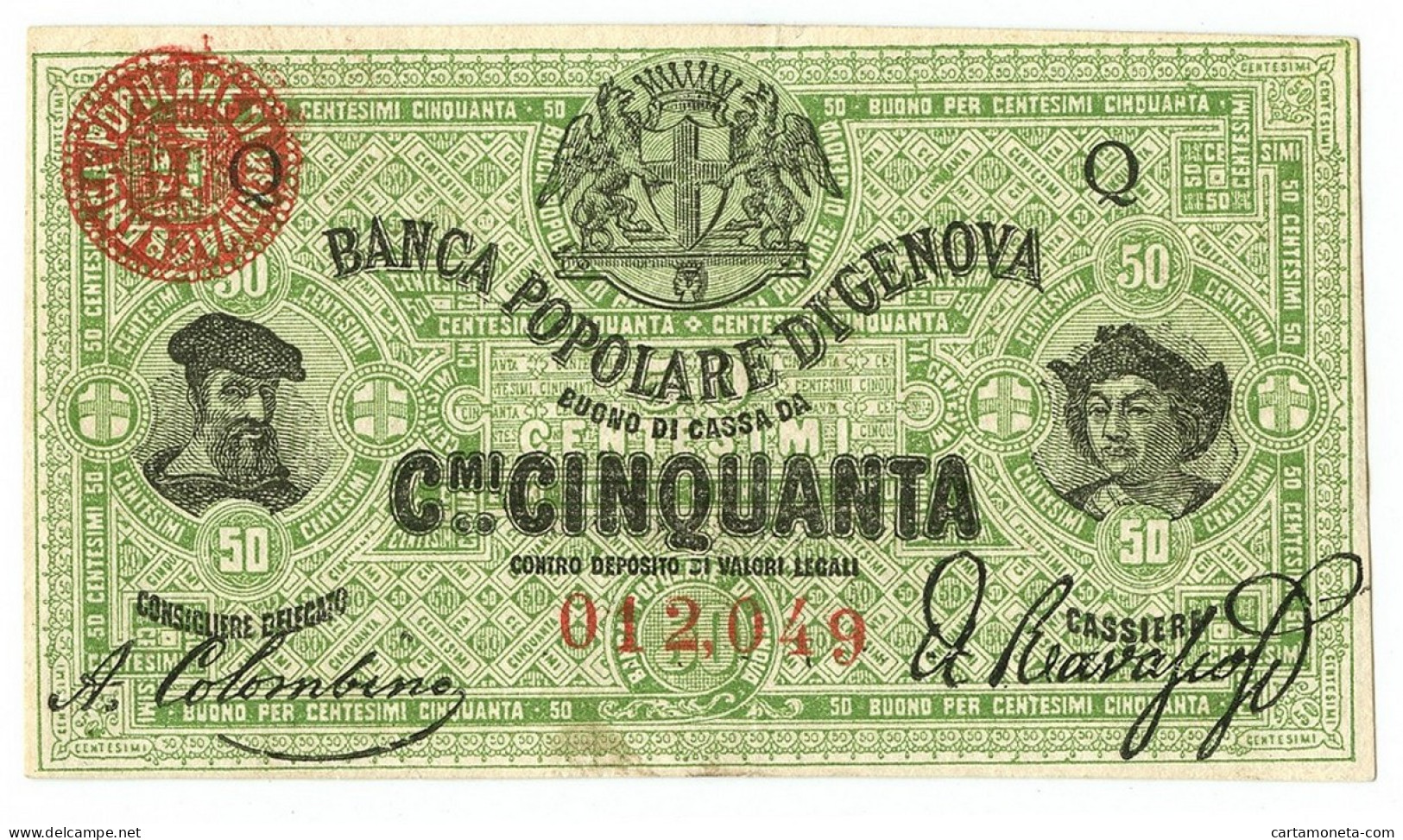 50 CENTESIMI BIGLIETTO FIDUCIARIO BANCA POPOLARE DI GENOVA 08/06/1868 SPL- - Altri & Non Classificati