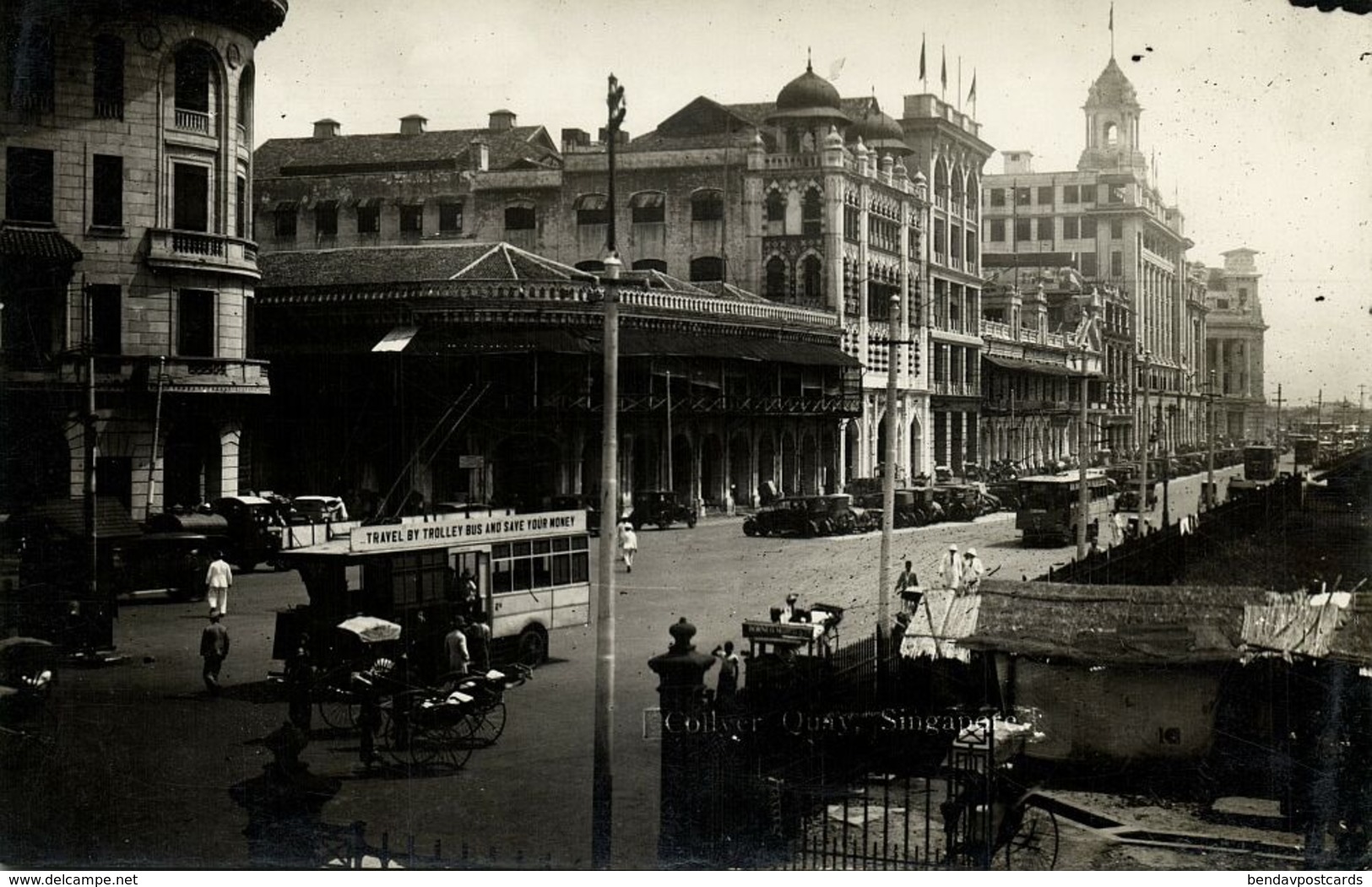 Singapore, Collyer Quay, Trolley Bus (1910s) RPPC Postcard (2) - Singapore