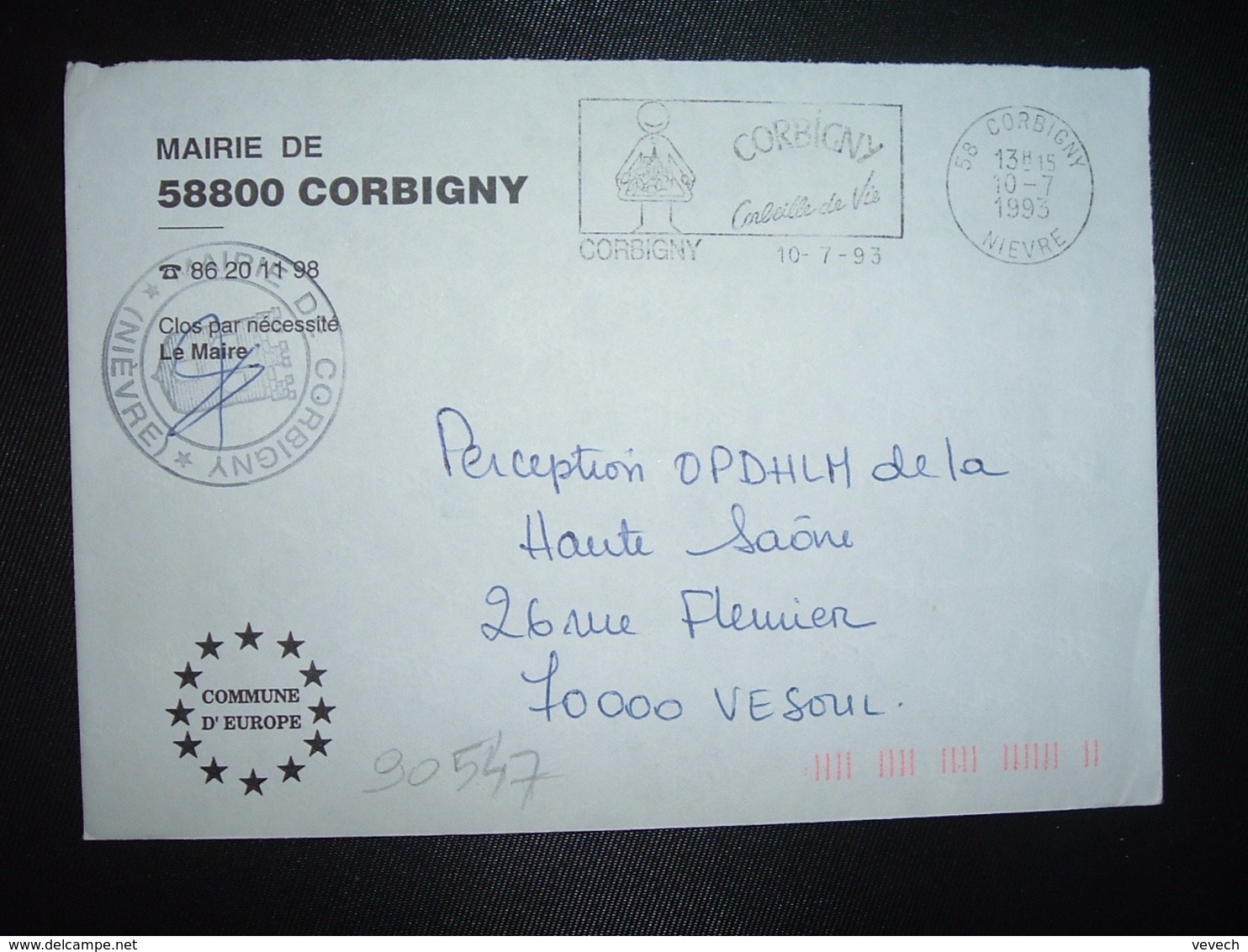 LETTRE MAIRIE OBL.MEC.10-7 1993 58 CORBIGNY NIEVRE - Altri & Non Classificati