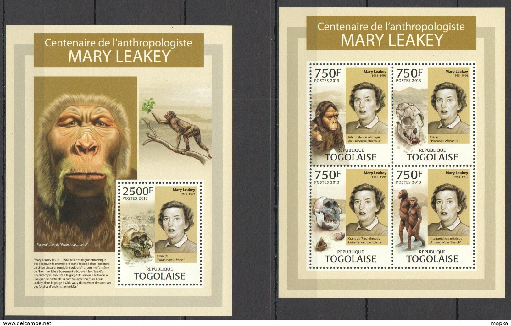 TG737 2013 TOGO TOGOLAISE FAUNA PREHISTORIC LIFE ANTHROPOLOGY MARY LEAKEY KB+BL MNH - Préhistoriques