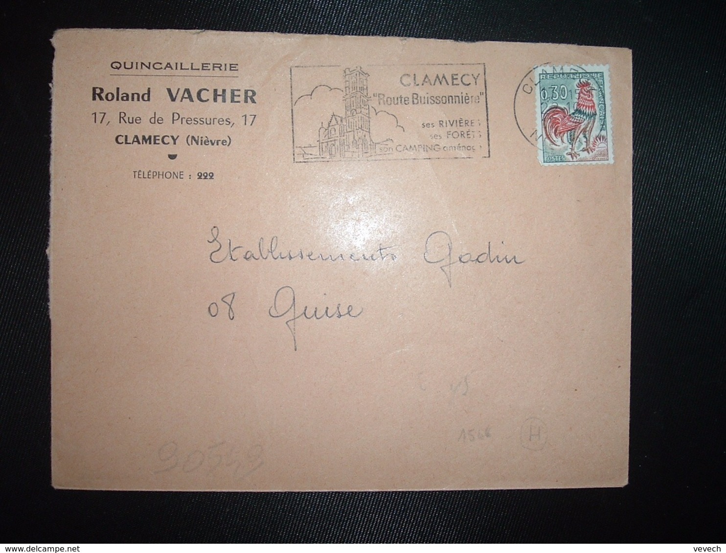 LETTRE TP COQ DE DECARIS 0,30 OBL.MEC.22-10 1966 CLAMECY NIEVRE (58) QUINCAILLERIE Roland VACHER - Autres & Non Classés