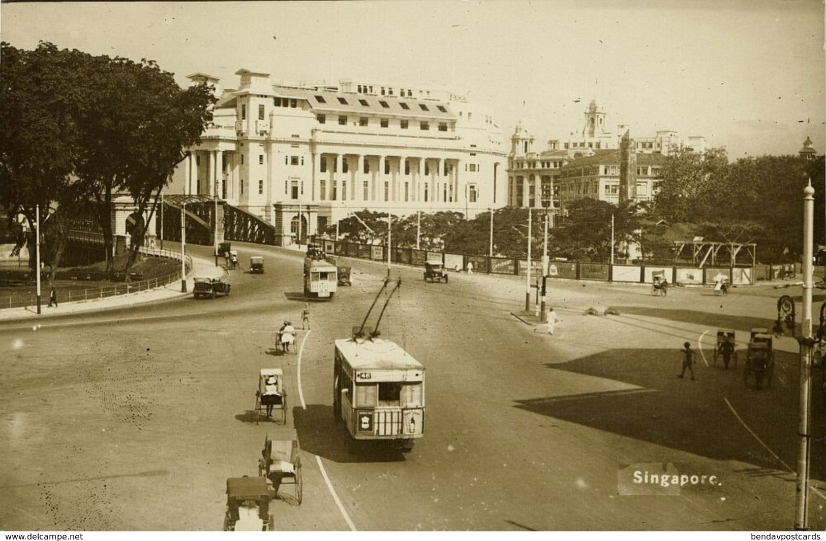 Singapore, Fullerton Building, Trolley Bus (1920s) RPPC Postcard - Singapore