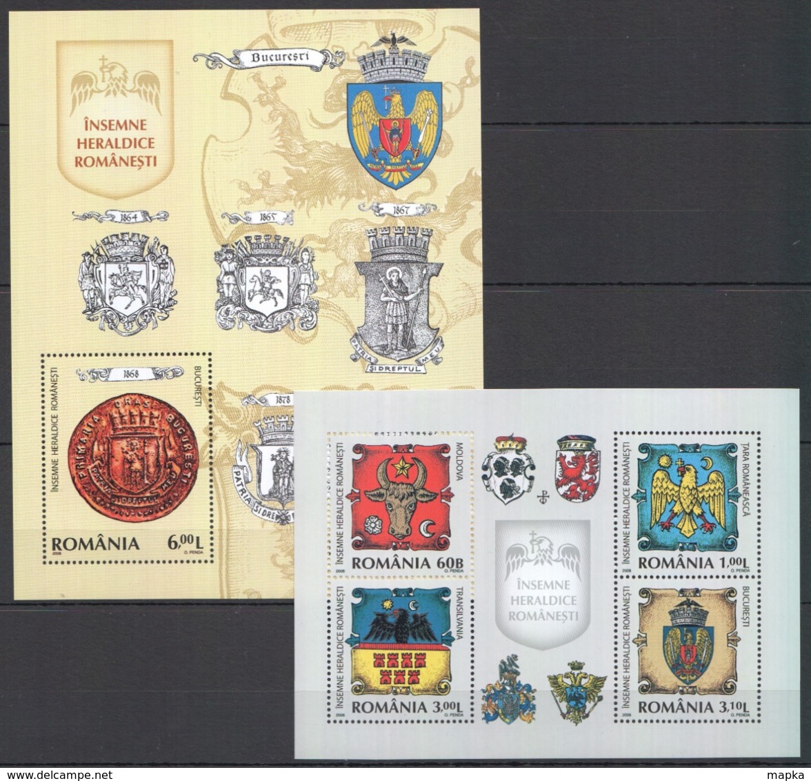 C352 2008 ROMANIA ART EMBLEMS INSEMNE HERALDICE ROMANESTI 1BL+1KB MNH - Other & Unclassified