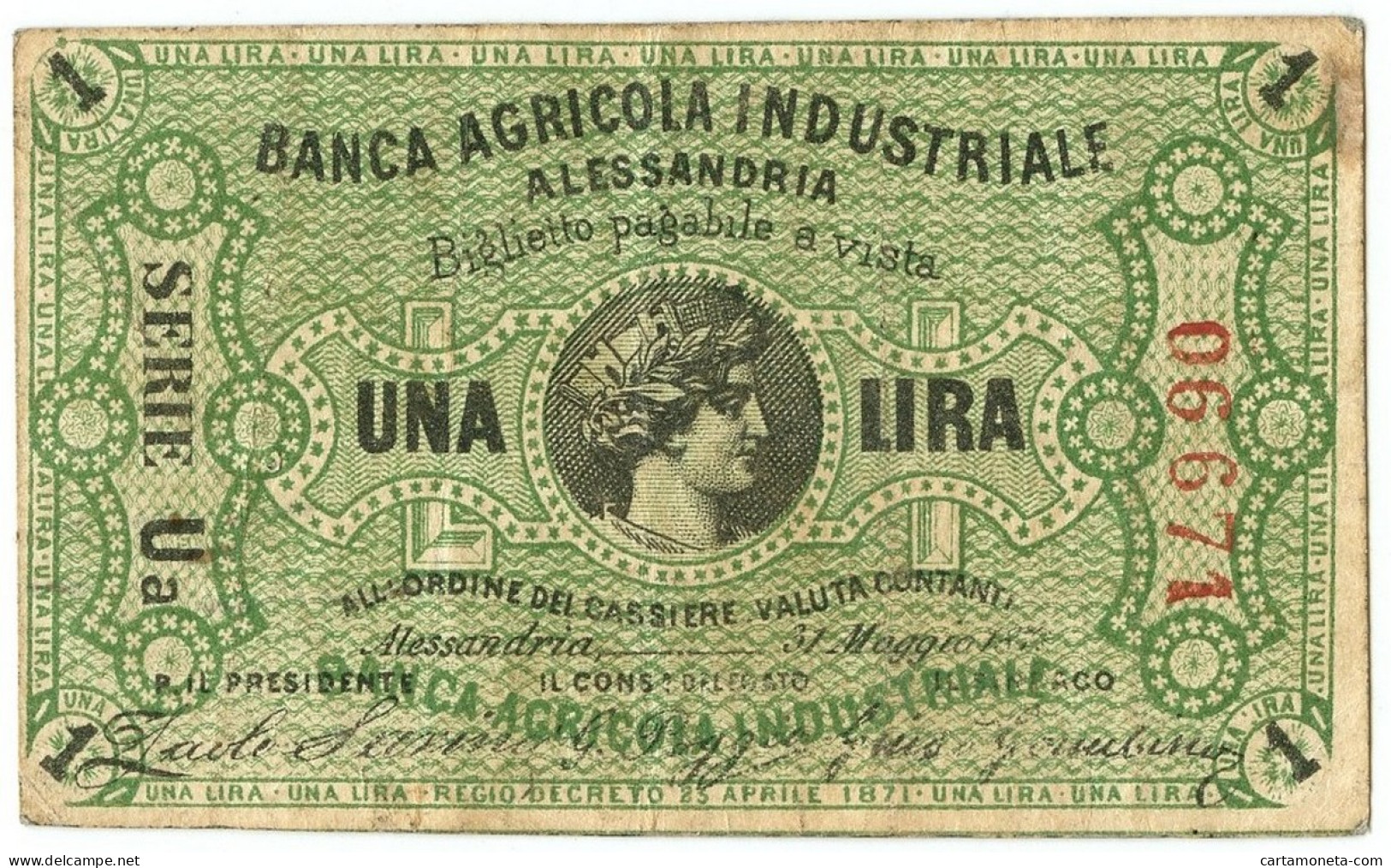 1 LIRA BIGLIETTO FIDUCIARIO BANCA AGRICOLA INDUSTRIALE ALESSANDRIA 31/05/1871 BB - Altri & Non Classificati