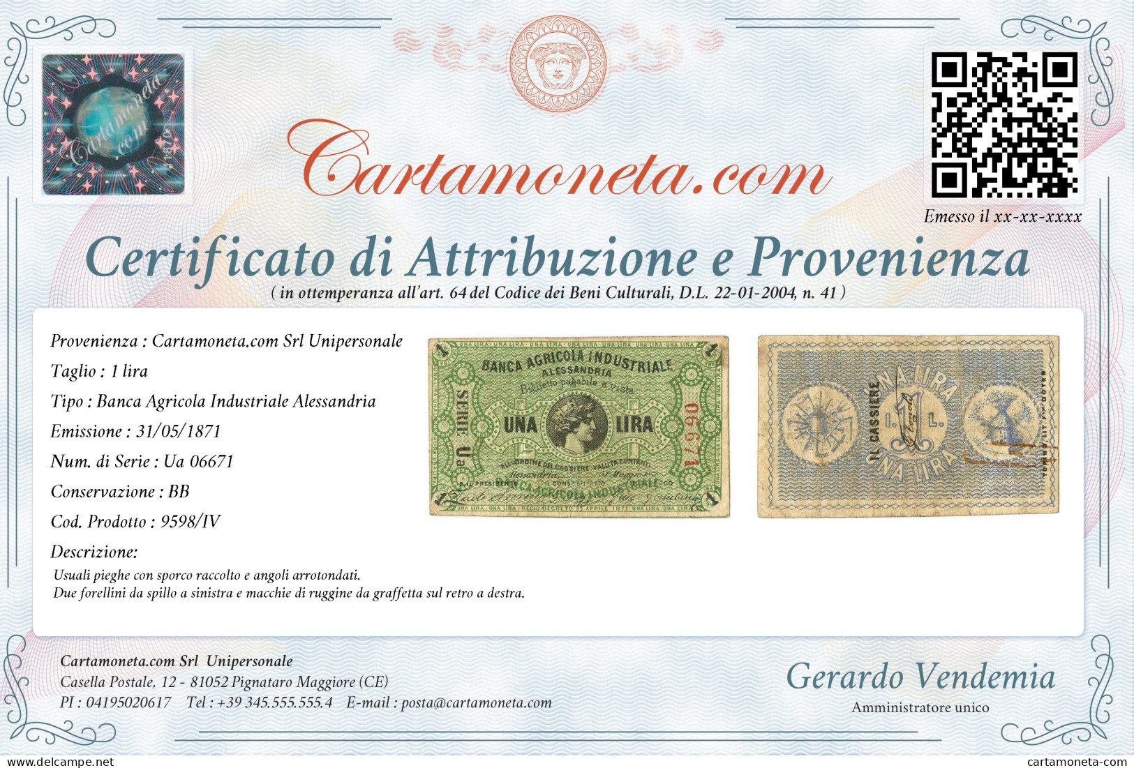 1 LIRA BIGLIETTO FIDUCIARIO BANCA AGRICOLA INDUSTRIALE ALESSANDRIA 31/05/1871 BB - Altri & Non Classificati