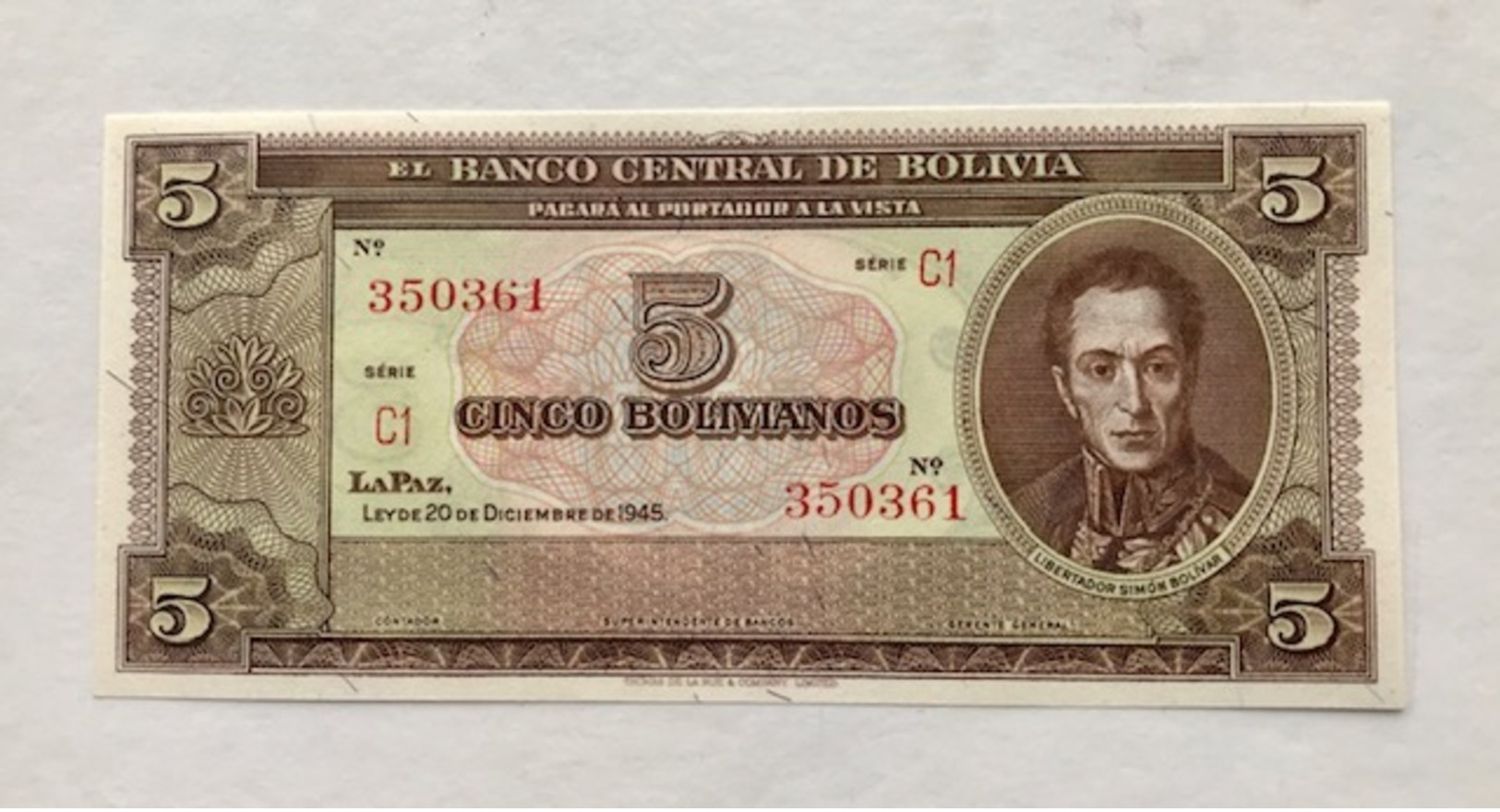 BOLIVIA P138D 5 BOLIVIANOS 1952 UNC - Bolivia