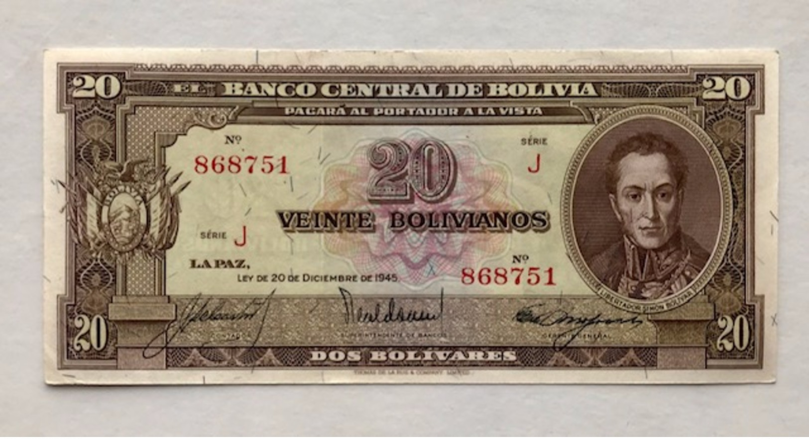 BOLIVIA P140 20 BOLIVIANOS 1945 UNC - Bolivia