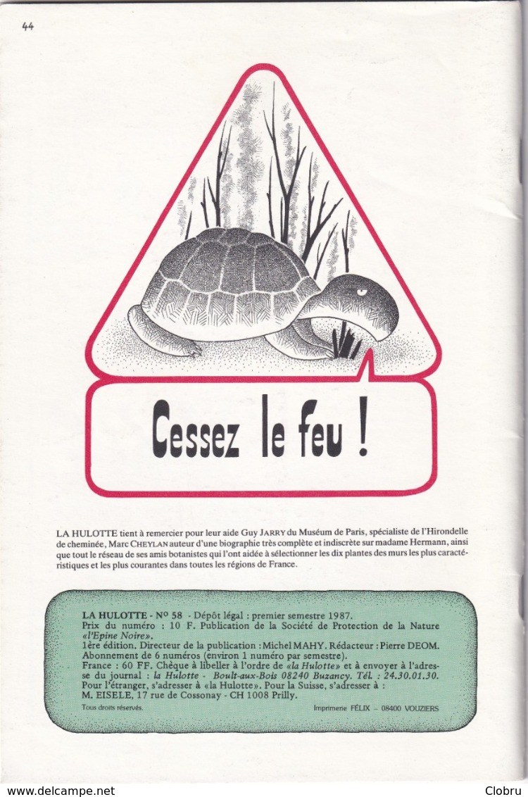 La Hulotte Des Ardennes, N° 58 ; L'hirondelle, La Tortue, Les Plantes Des Vieux Murs - Nature