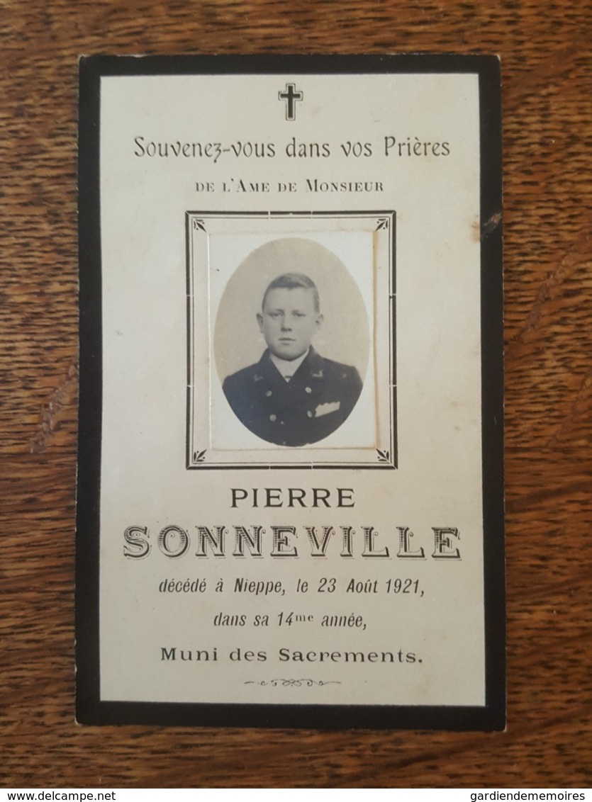 Nieppe 1921 - Avis De Décès De Mr Pierre Sonneville - Imprimerie L. Wenes à Armentières - Format 10.8 Cm X 6.8 Cm - Sonstige & Ohne Zuordnung