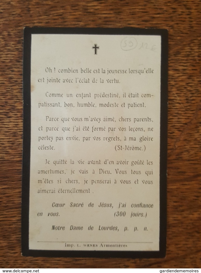 Nieppe 1921 - Avis De Décès De Mr Pierre Sonneville - Imprimerie L. Wenes à Armentières - Format 10.8 Cm X 6.8 Cm - Sonstige & Ohne Zuordnung