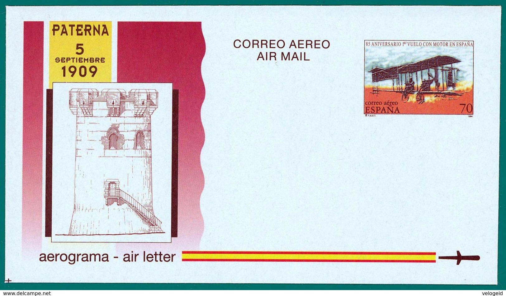 España. Spain. 1994. Aerograma. Air Letter. 85 Años Primer Vuelo Con Motor En España. Paterna 1909 - 1931-....