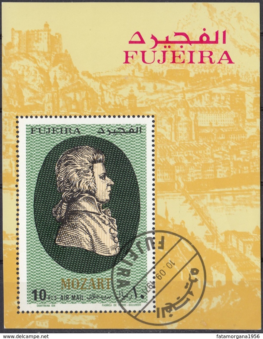 FUJEIRA - 1971 - Foglietto Timbrato FDC E Dentellato, Dedicato A W.A. Mozart. - Fujeira